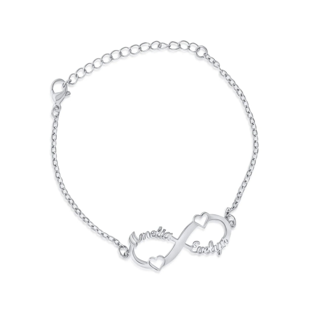 Pulseira Infinito com 2 Corações e Nomes