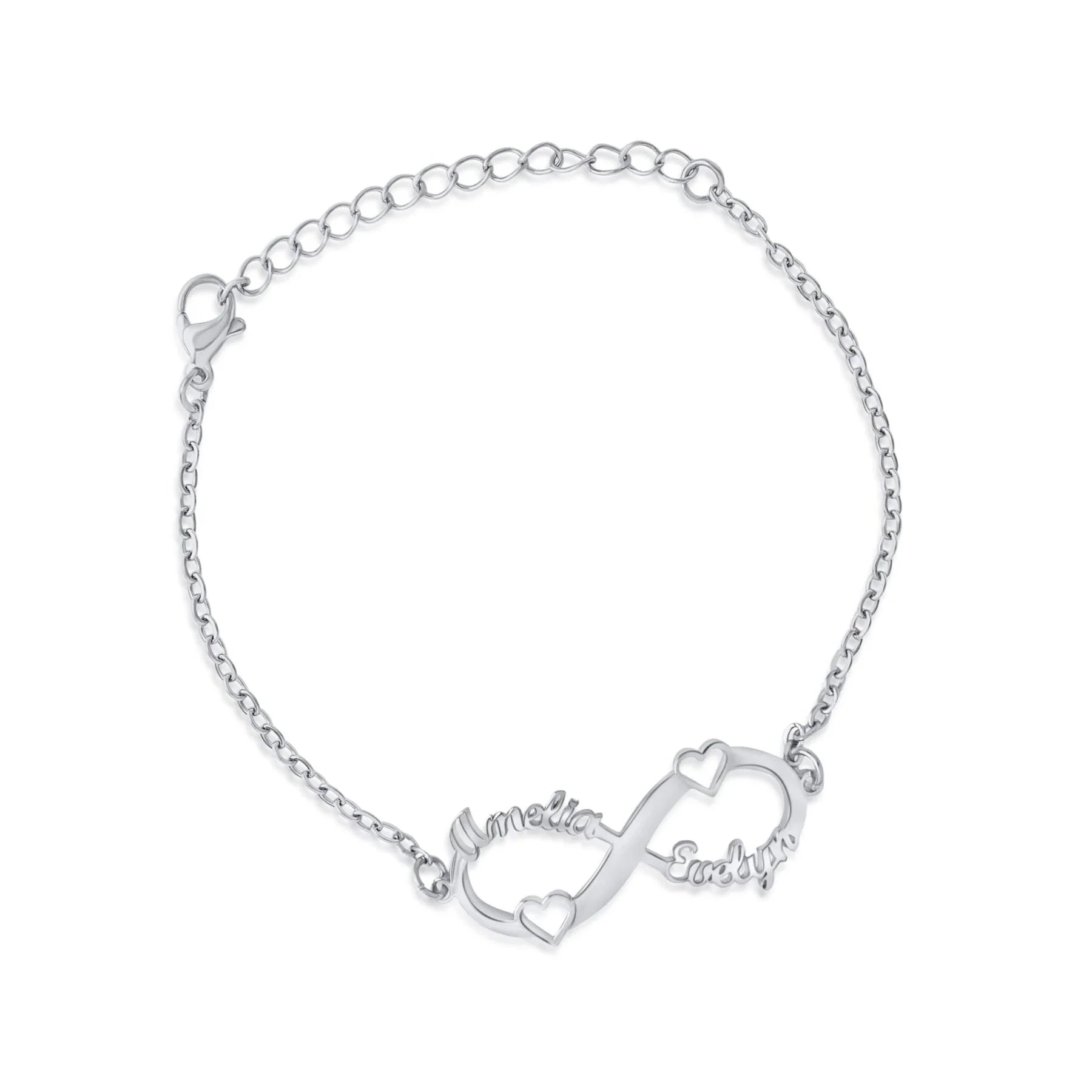 Pulseira Infinito com 2 Corações e Nomes