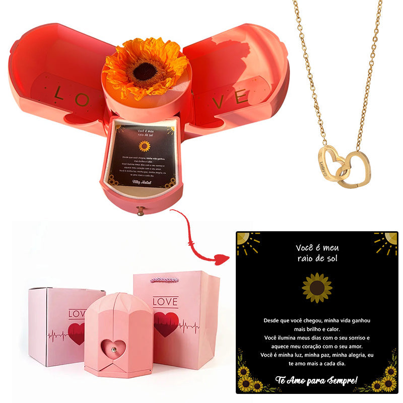 Caixa com Girassol Eterno & Colar Coração Personalizado