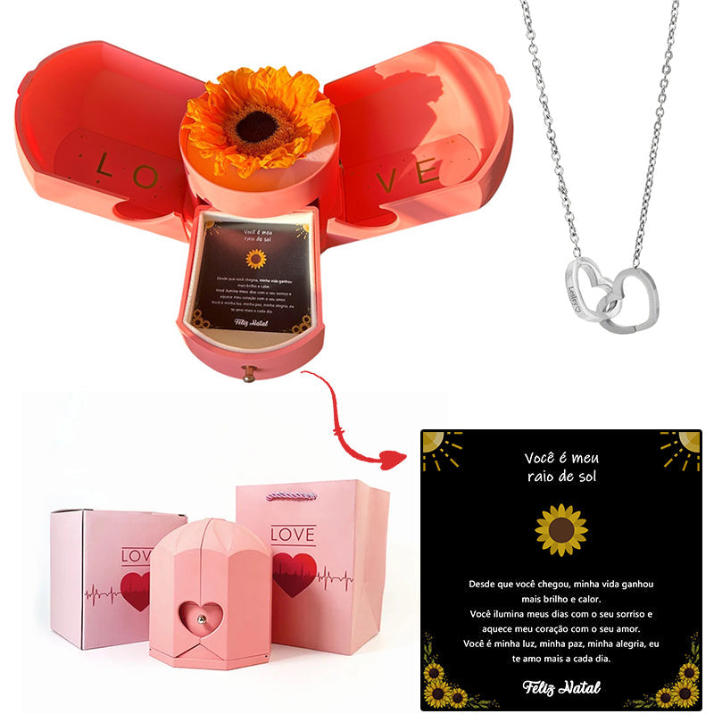 Caixa com Girassol Eterno & Colar Coração Personalizado