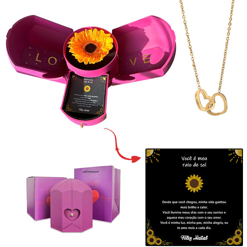 Caixa com Girassol Eterno & Colar Coração Personalizado