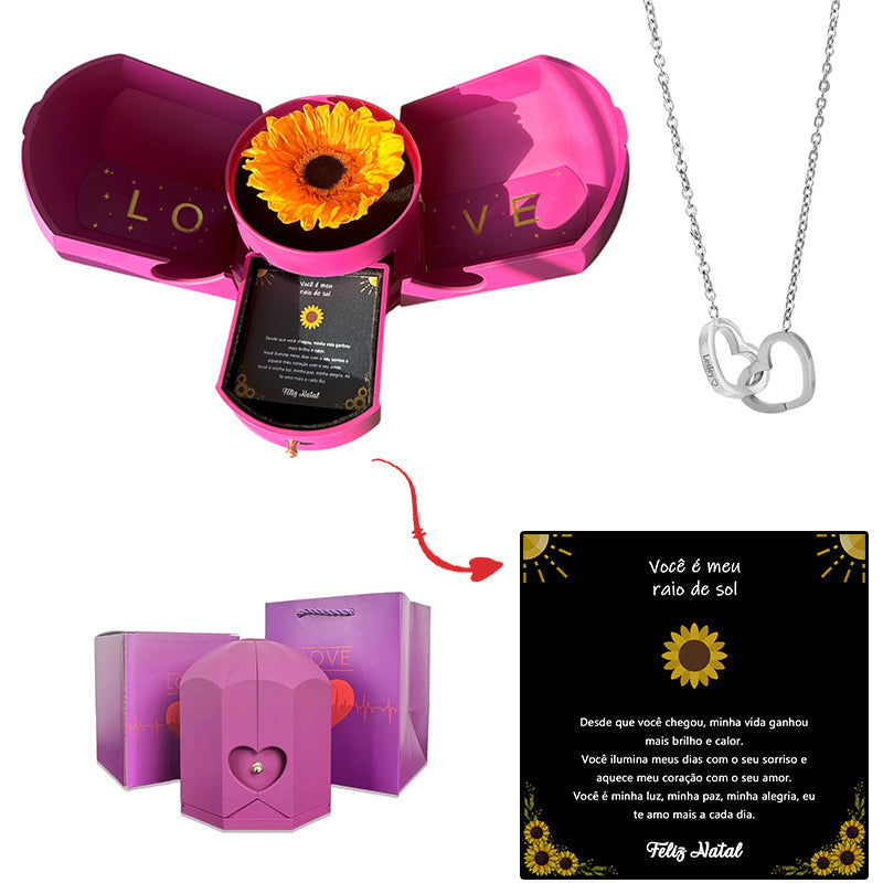 Caixa com Girassol Eterno & Colar Coração Personalizado