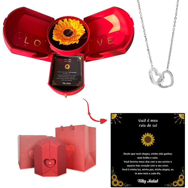 Caixa com Girassol Eterno & Colar Coração Personalizado